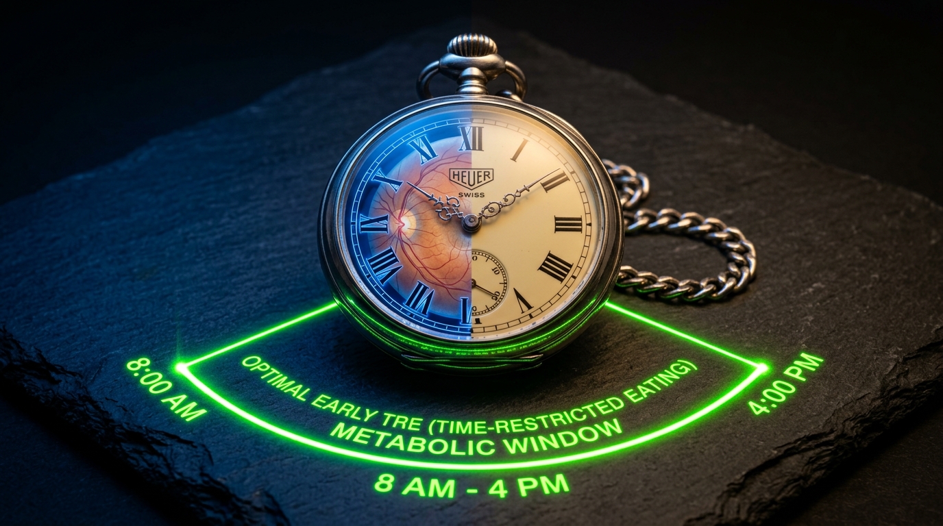 Crononutricion y TRE (Time-Restricted Eating): reloj de bolsillo con ventana metabolica optima 8 AM - 4 PM