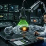 Sala de control HIFU con brazo robótico, paciente holográfico y monitores de bioimagen
