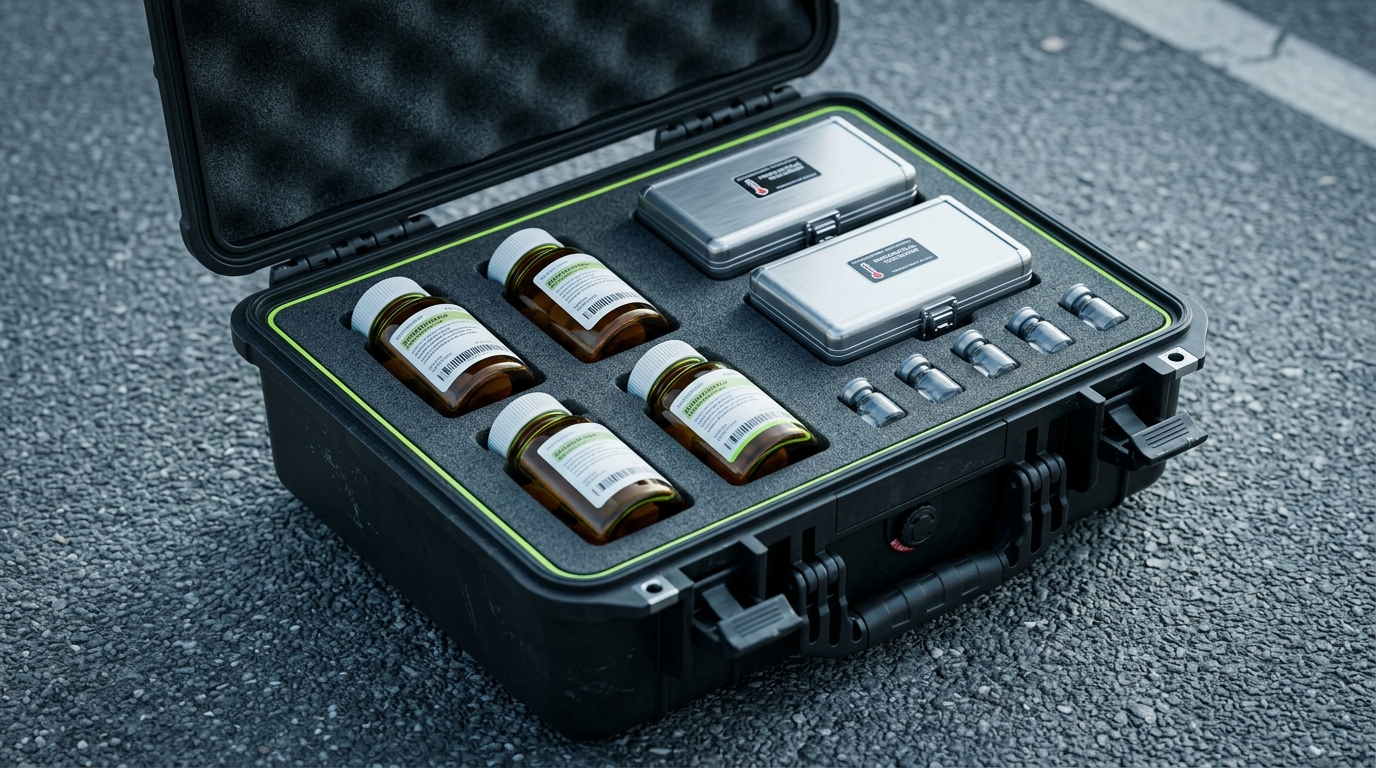 Logistica Mexico: kit de suplementos importados con frascos ambar y dispositivos de medicion para optimizacion