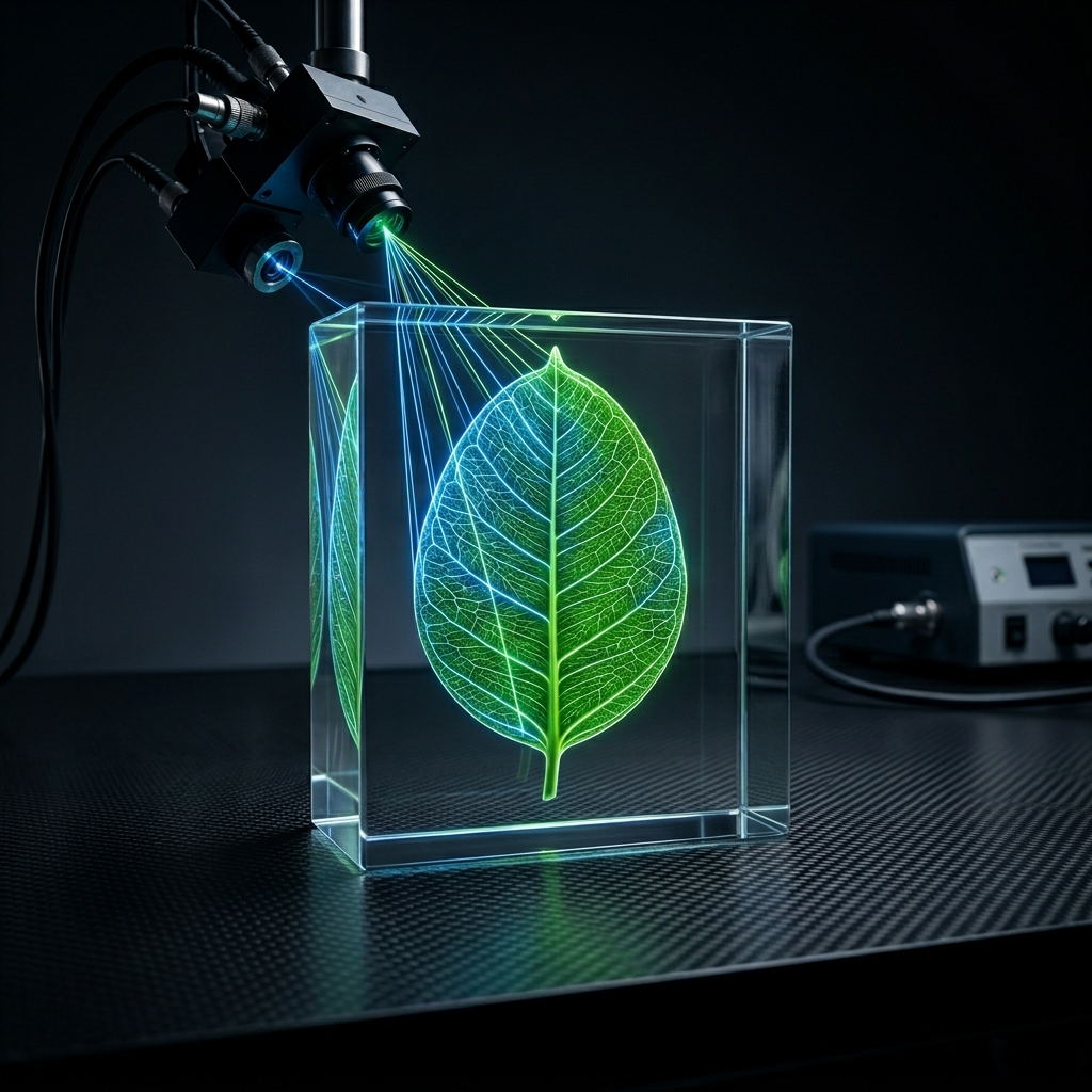 Hoja vegetal escaneada con láser dentro de un bloque de vidrio — estudio molecular del alimento