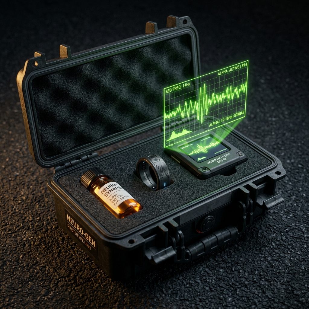 Estuche de prototipo Neuro-Gen con vial, anillo de biosensor y panel EEG — el Arsenal en miniatura