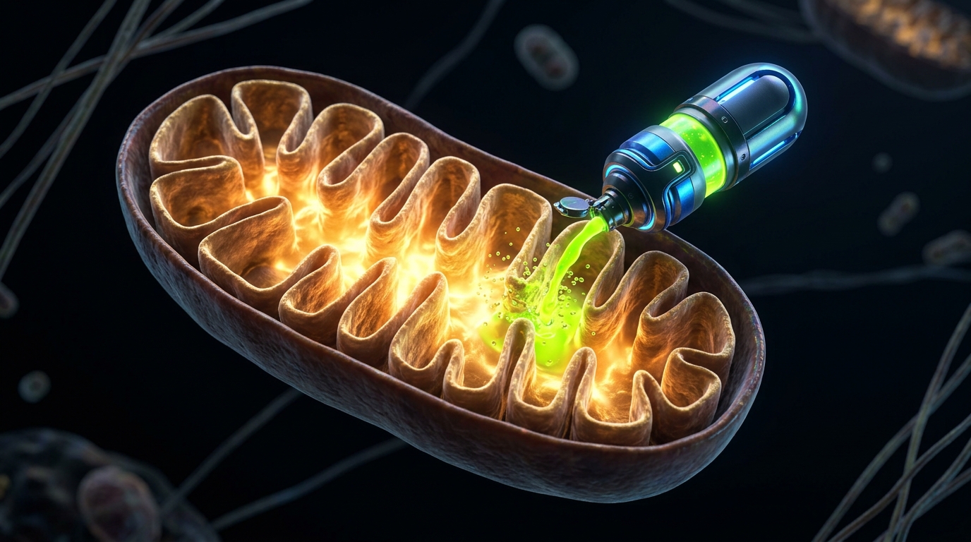 NAD+/NMN/NR: capsula liposomal infundiendo coenzima en mitocondria para rejuvenecimiento celular