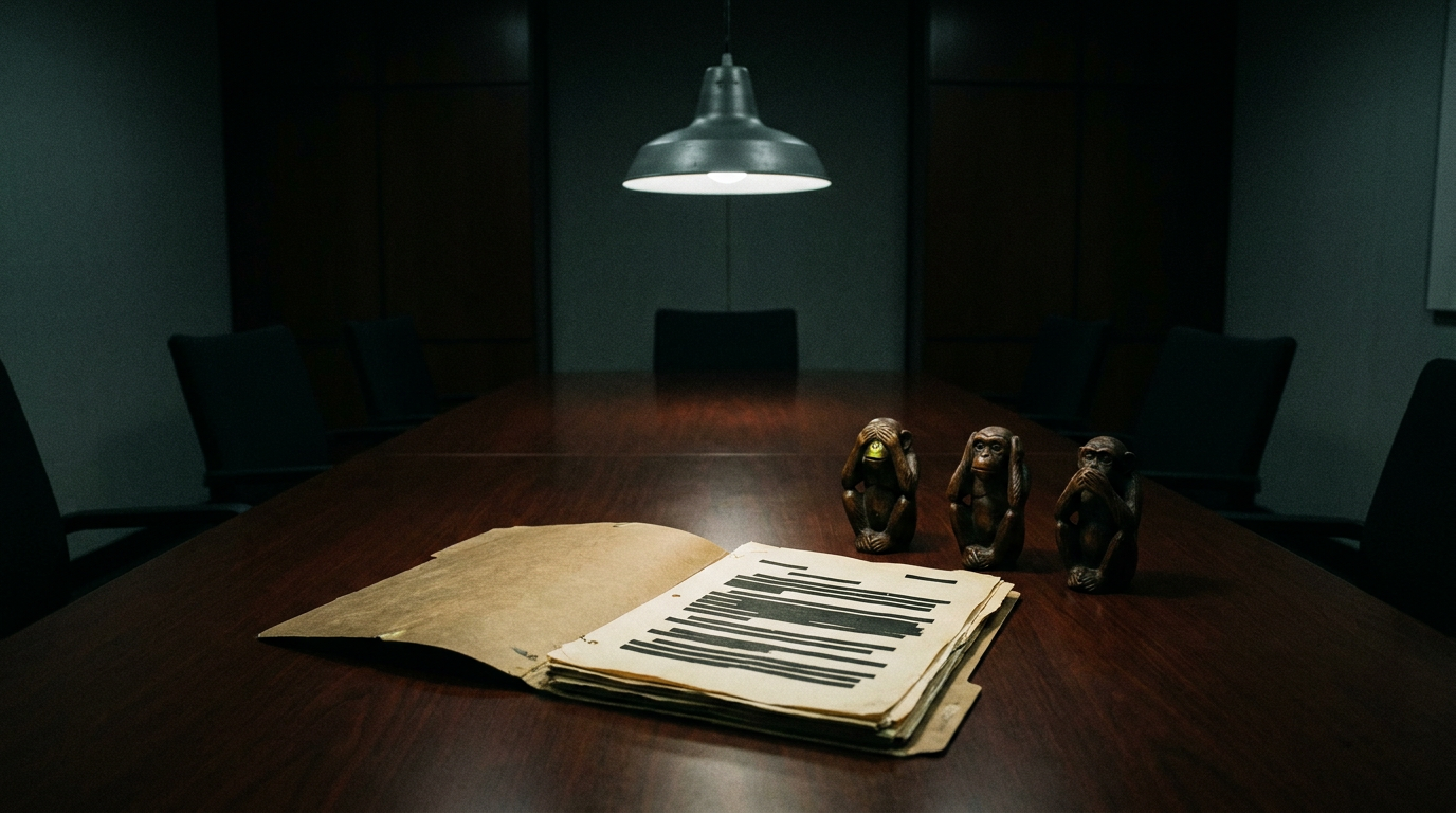 Carpeta de expediente corporativo junto a tres monos sabios tallados en madera oscura