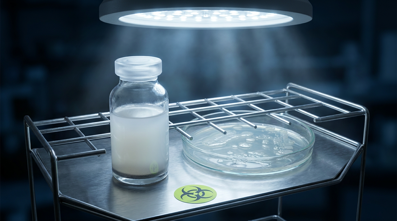 Vial de laboratorio con líquido turbio junto a una placa de Petri con colonias bacterianas