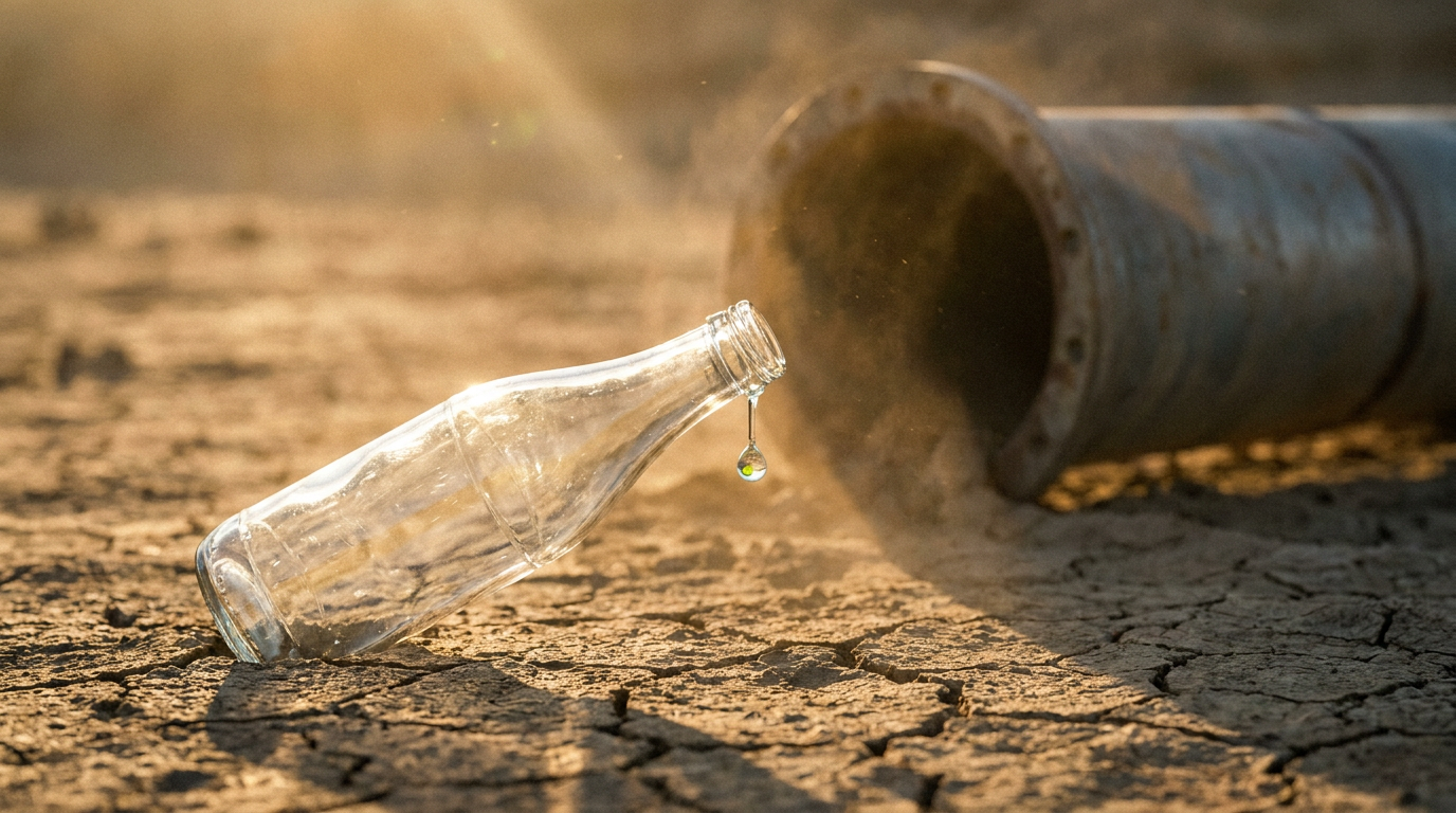 Botella de vidrio vacía sobre tierra agrietada con una gota cayendo