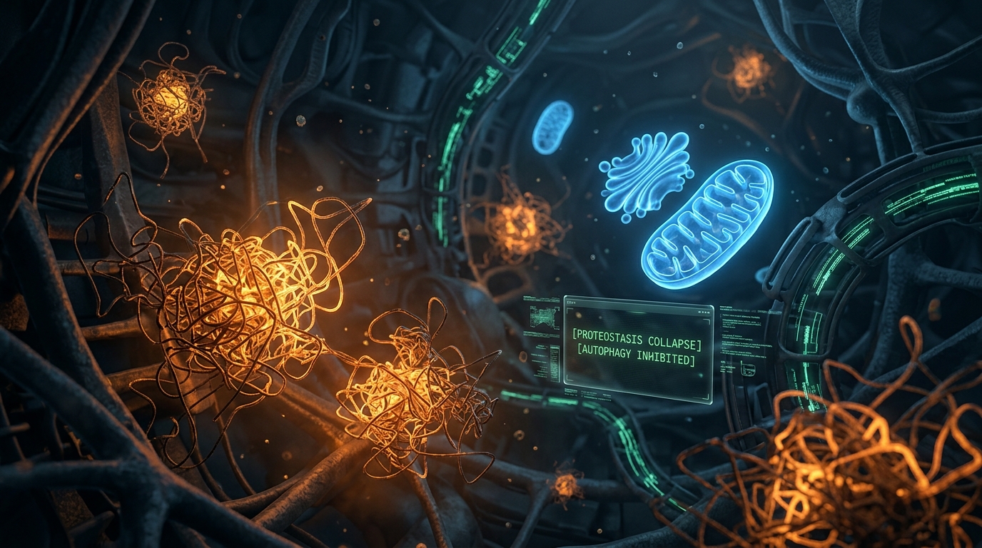Interior celular con proteinas mal plegadas y mitocondrias - Proteostasis Collapse