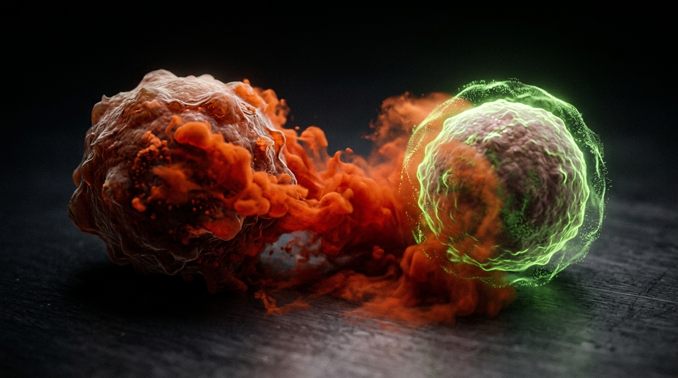 Senescencia celular: celulas zombis liberando SASP inflamatorio junto a celula sana protegida por aura verde