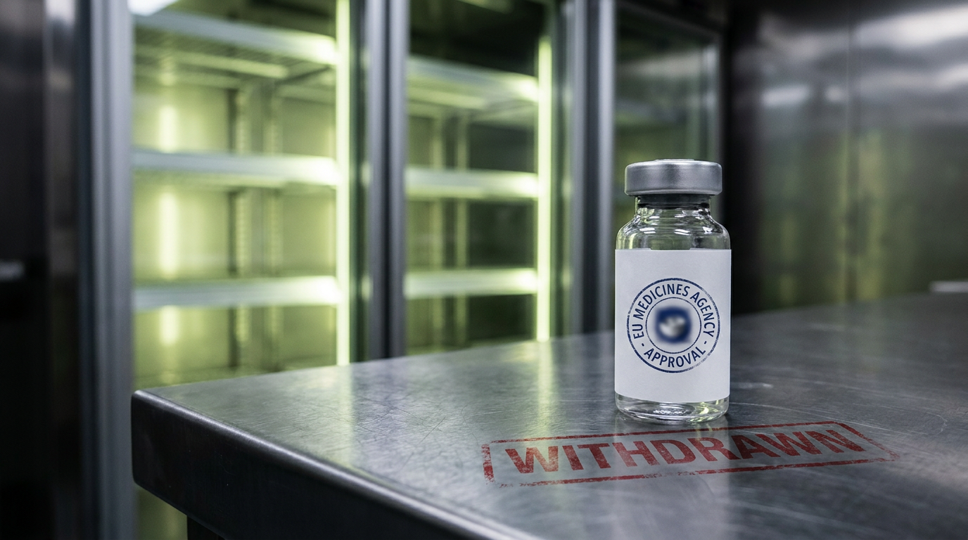 Vial de vacuna con sello de retirada sobre superficie de laboratorio