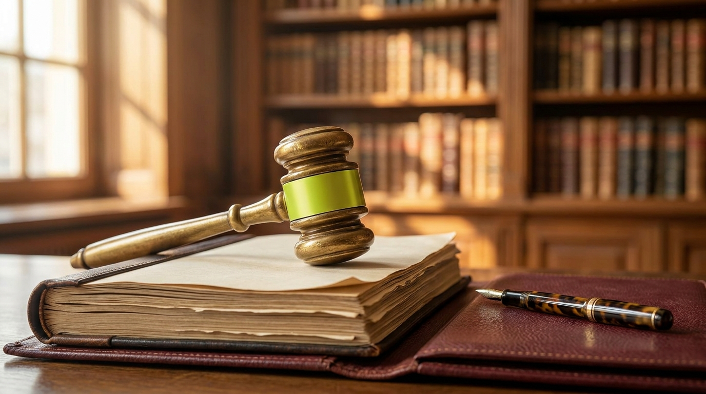 Mazo judicial sobre dossier legal en biblioteca clásica