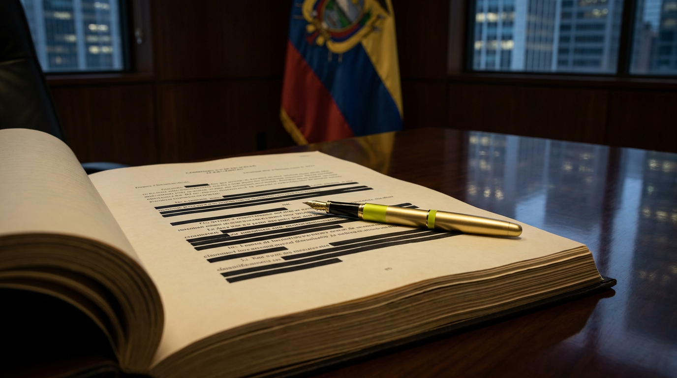 Contrato con cláusulas redactadas en negro y bandera latinoamericana al fondo