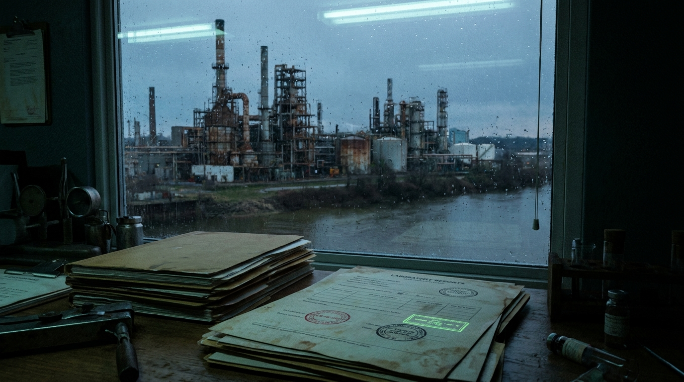 Complejo industrial junto a un rio visto tras una ventana con lluvia, junto a carpetas confidenciales
