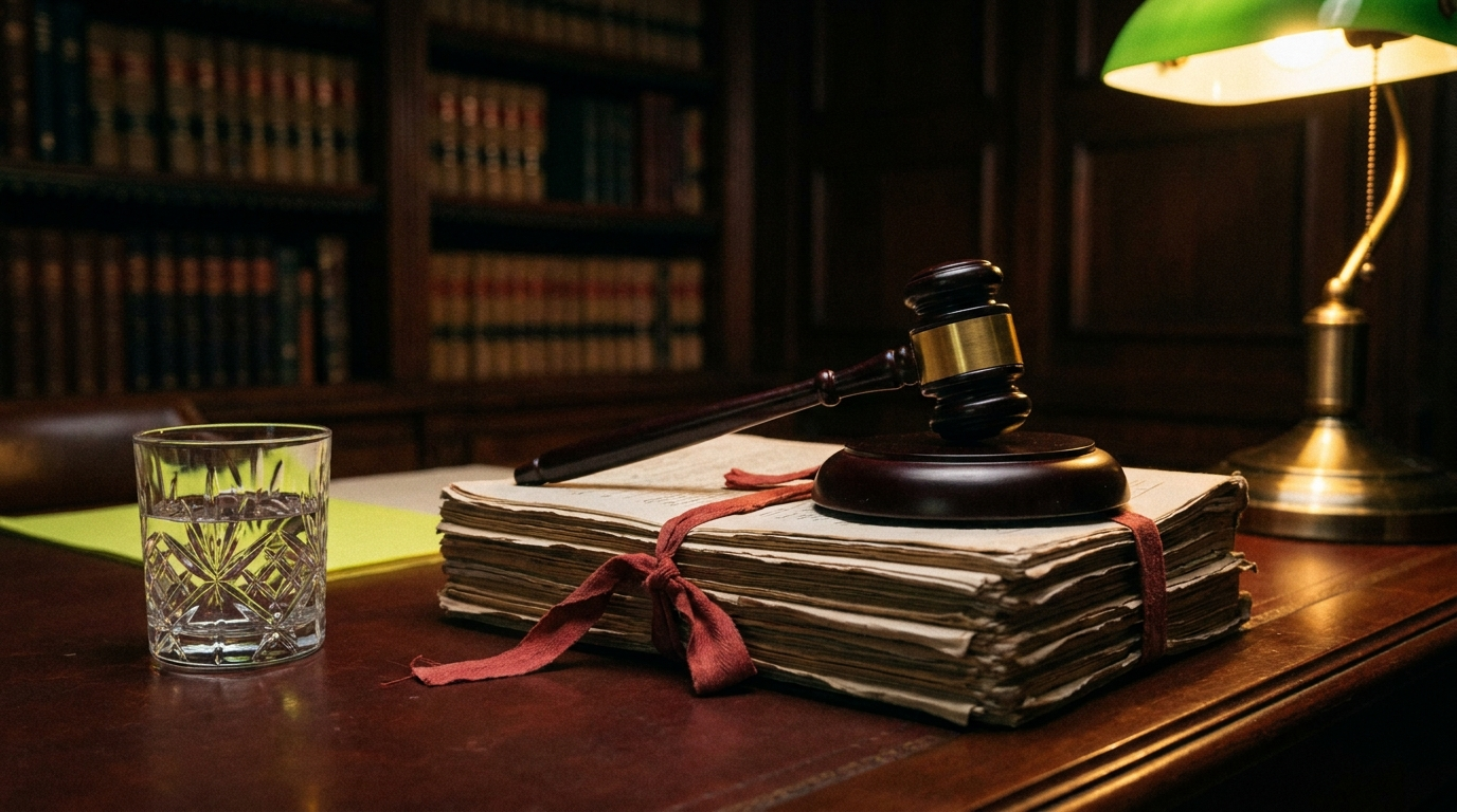 Mazo de juez sobre un legajo de documentos legales atados con cinta roja en un despacho