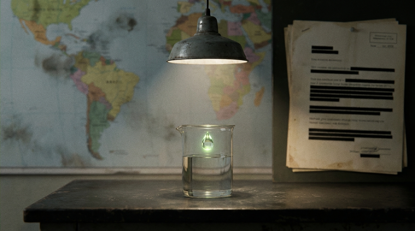 Gota de agua cayendo en un vaso de laboratorio con un mapa mundial desenfocado al fondo