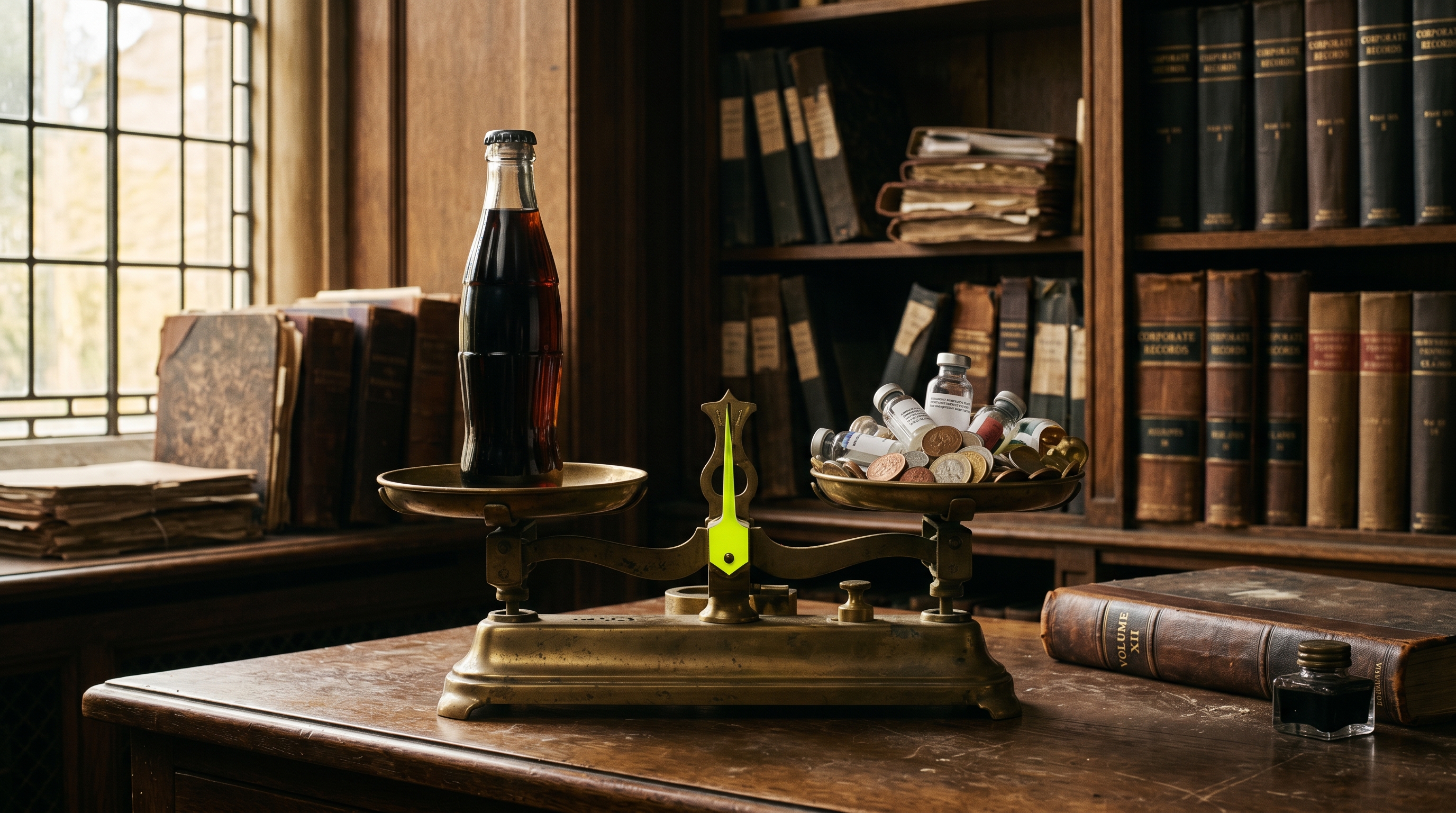 Botella de refresco oscuro sobre una balanza de bronce frente a expedientes documentales