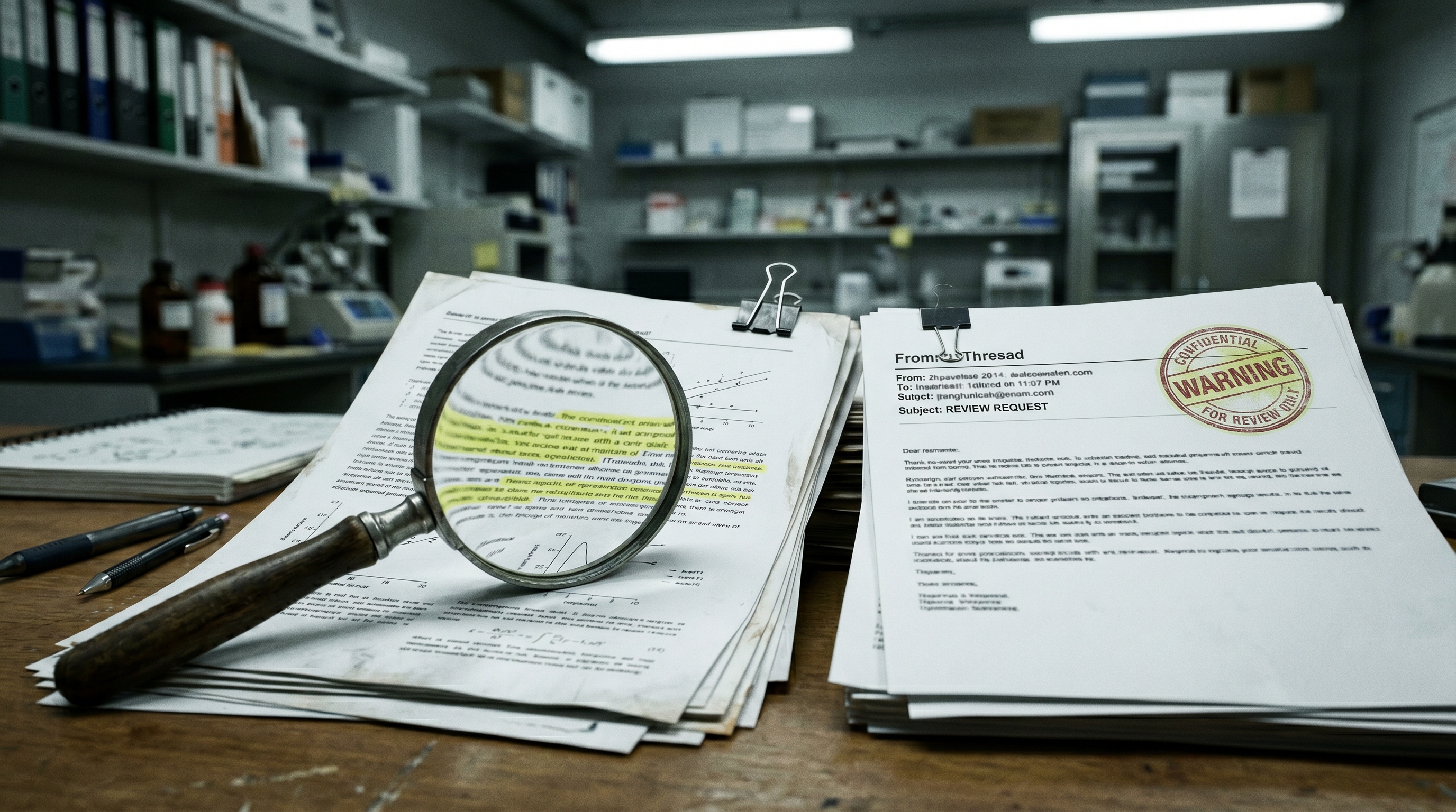 Mesa de laboratorio con documentos científicos marcados y un sello de advertencia