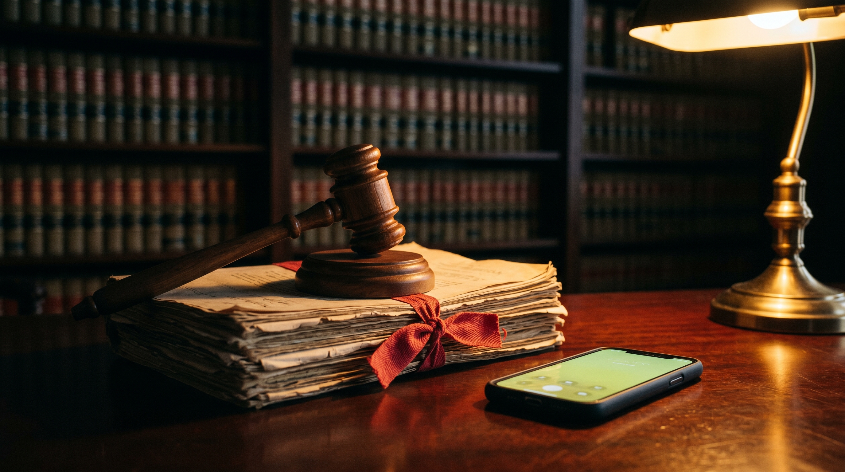 Mazo judicial sobre documentos legales y un teléfono móvil intervenido en penumbra