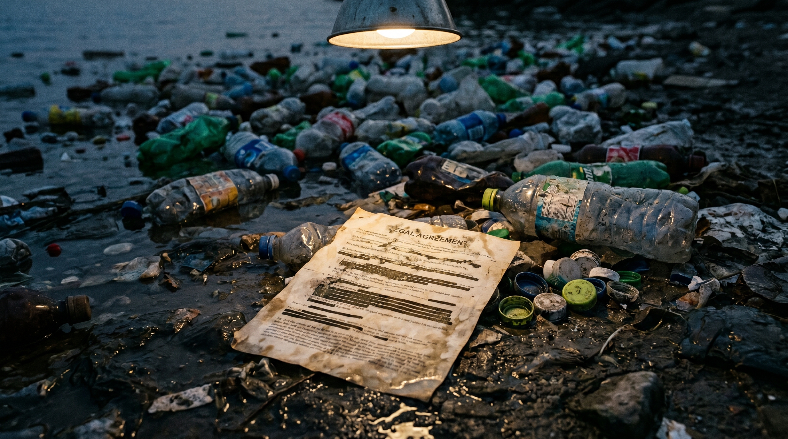 Litoral cubierto de envases plásticos de bebidas con un contrato parcialmente tachado