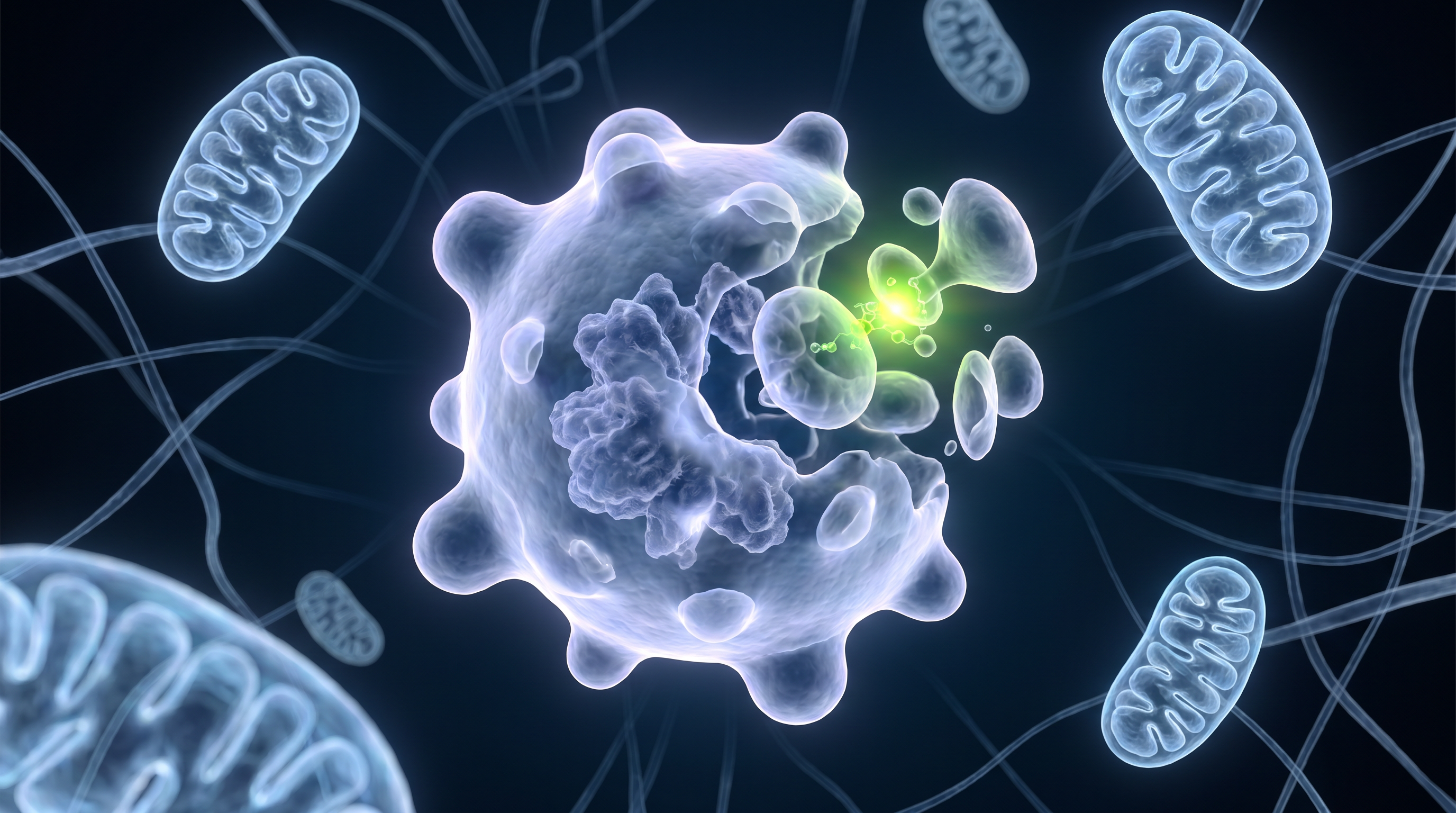 Visualización microscópica de una célula tumoral en apoptosis con mitocondrias resaltadas