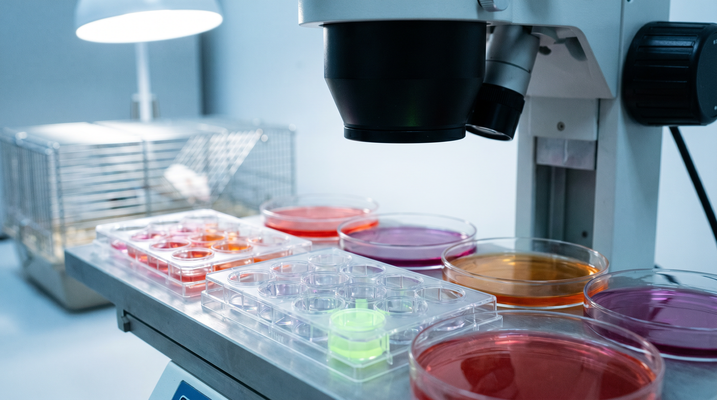 Placas de cultivo celular y modelo animal en un laboratorio de investigación