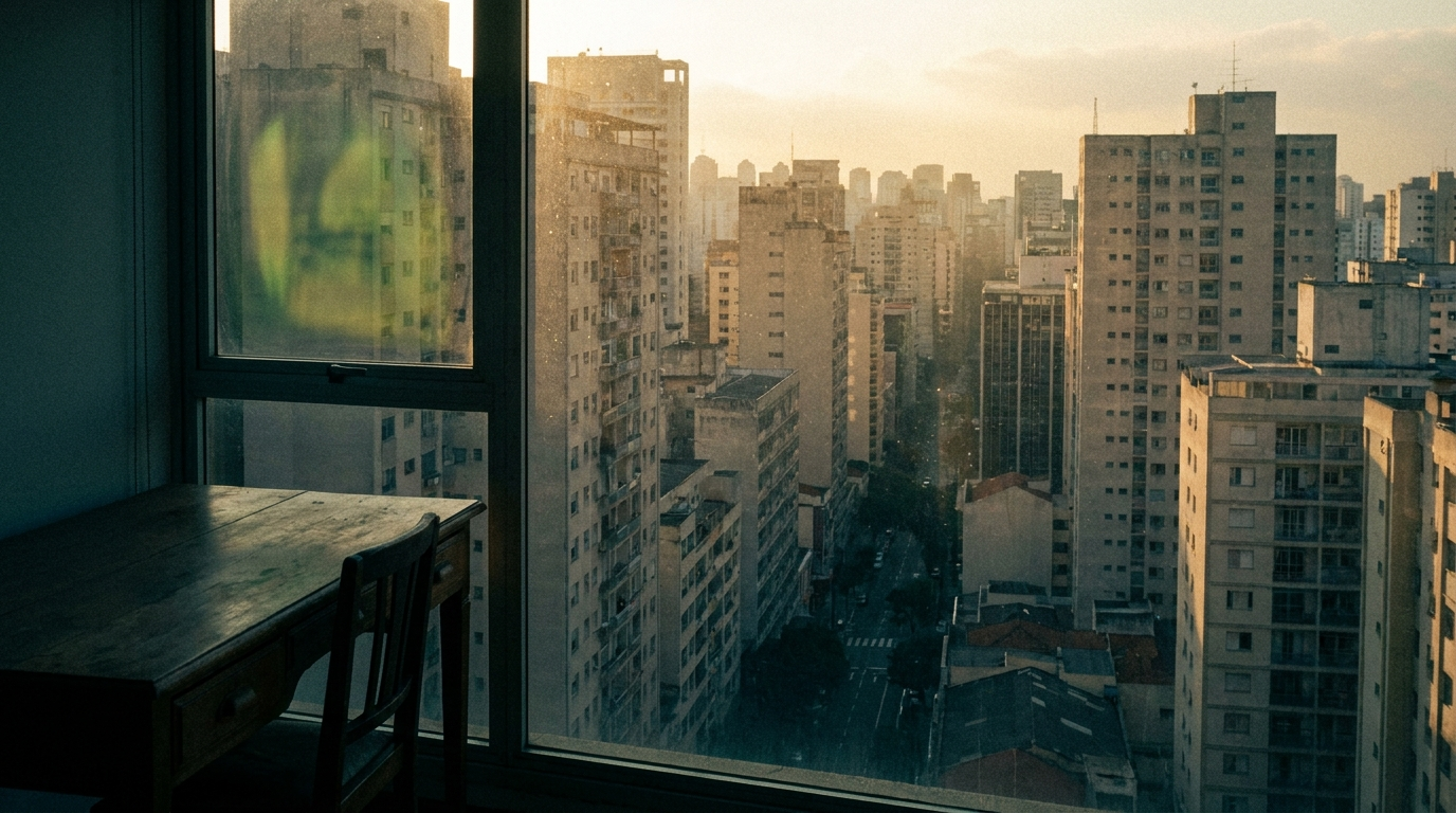 Metrópoli mexicana al atardecer con calles en sombra vistas desde una ventana