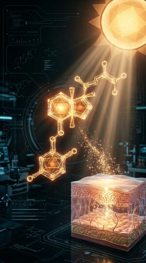 Estructura molecular de la vitamina D iluminada por el sol sobre una sección de piel