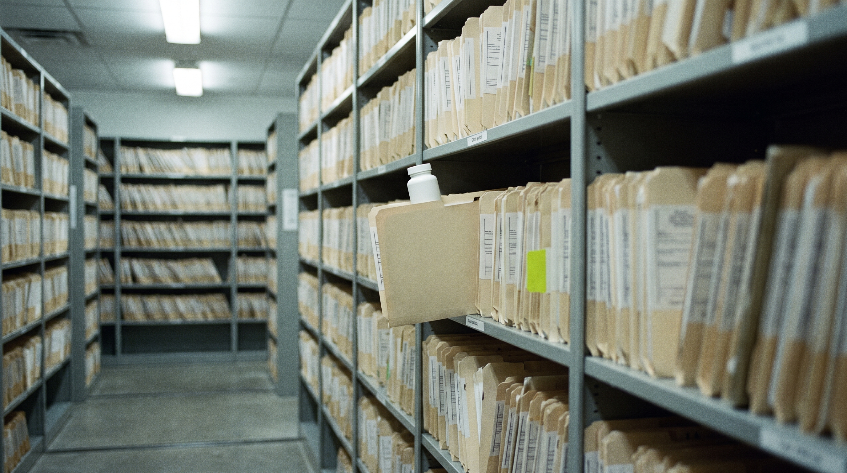 Archivo de expedientes médicos anonimizados con un frasco de suplemento sin etiqueta