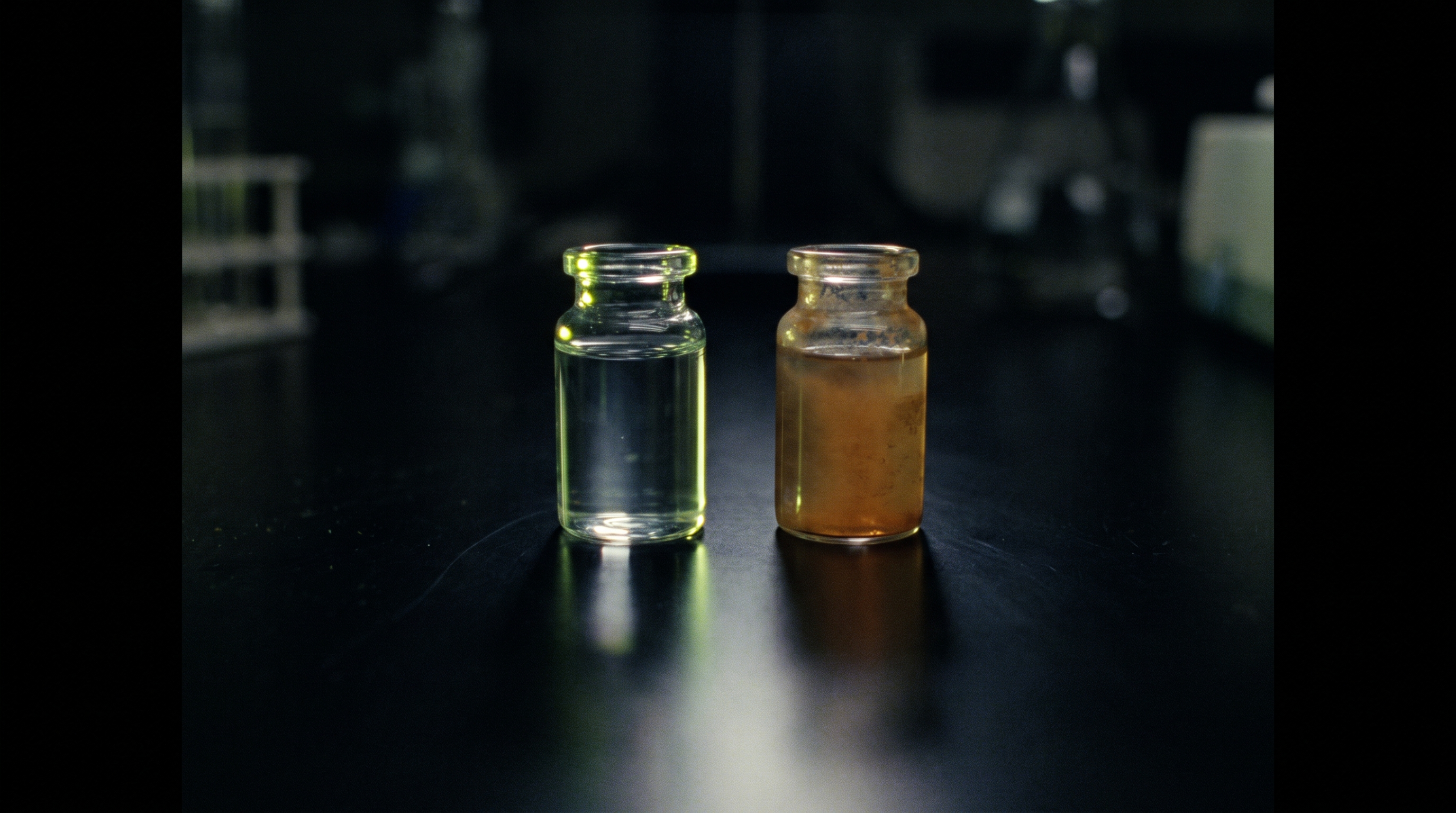 Dos viales de laboratorio idénticos con soluciones de destinos opuestos