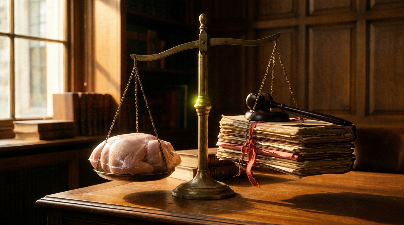 Balanza forense entre un paquete de carne cruda y un expediente legal con mazo judicial