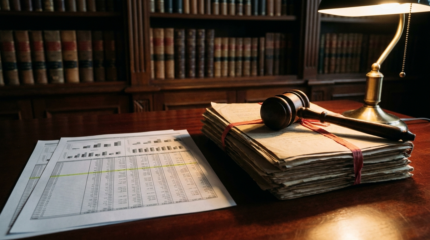 Mazo judicial sobre expediente antimonopolio junto a una hoja densa de datos de precios en una biblioteca legal