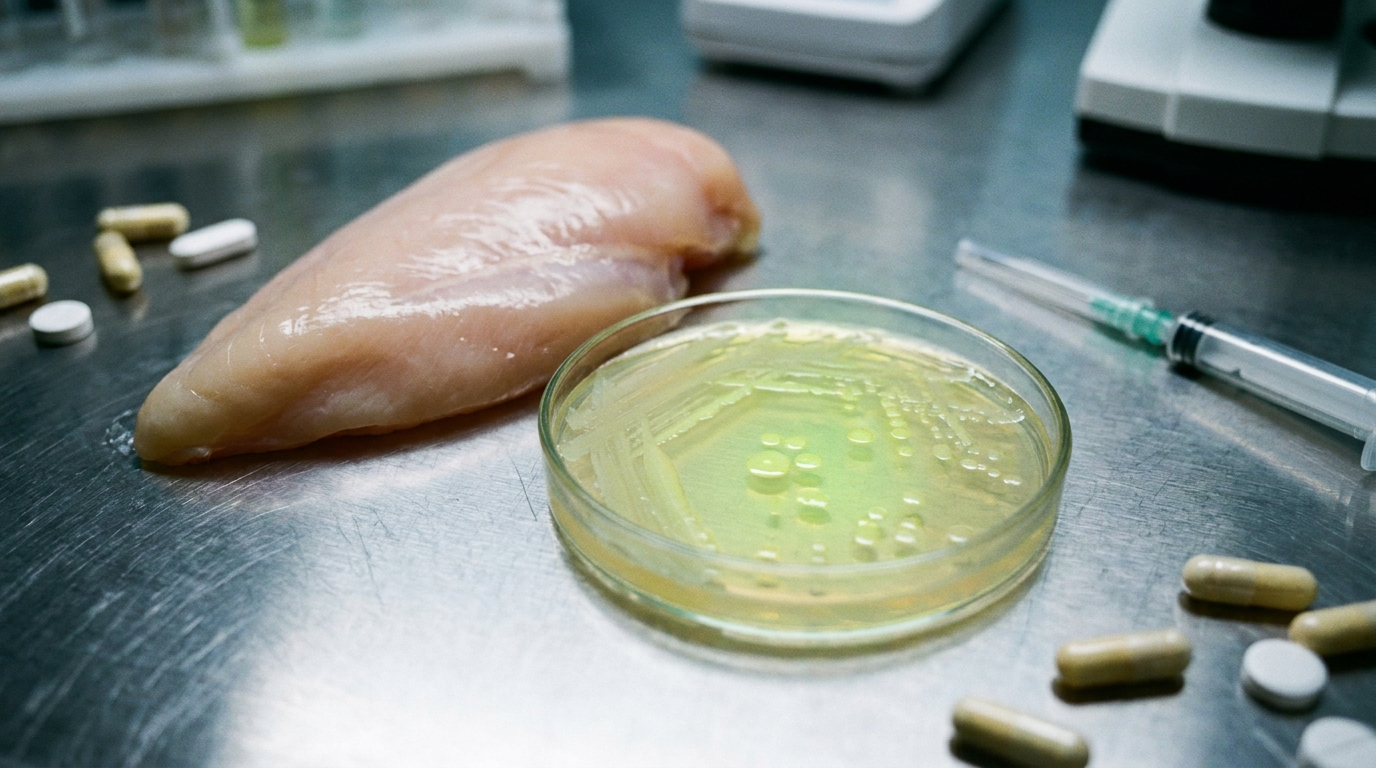 Superficie clínica de acero con pechuga de pollo cruda, jeringa, cápsulas de antibiótico y placa de Petri con colonias bacterianas