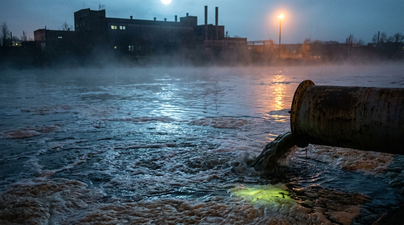 Tubería industrial vertiendo aguas residuales espumosas en un río al anochecer con una planta procesadora al fondo
